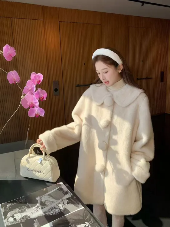 夏天家中古平替雪球仿水貂毛绒皮毛一体外套冬季女加厚仿皮草大衣