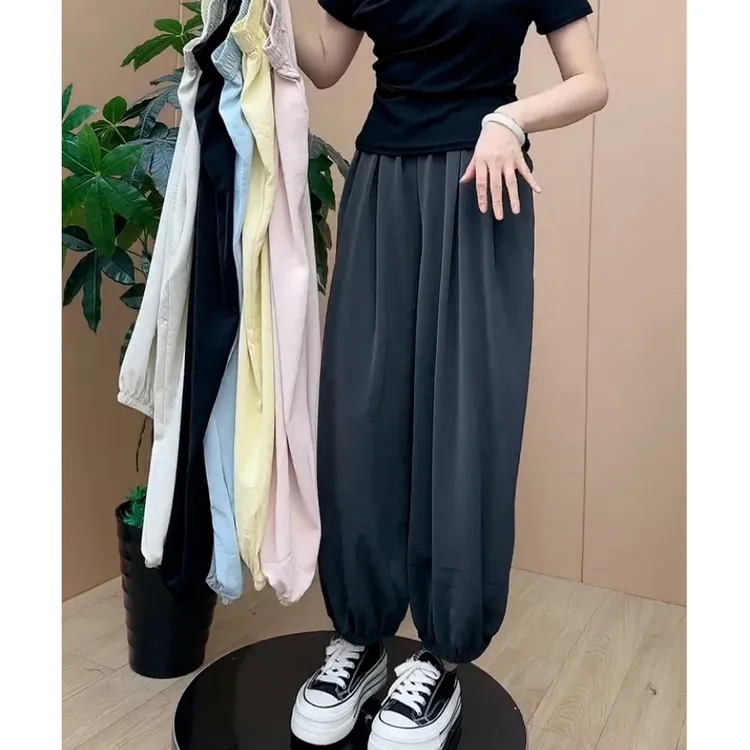欧货2025夏季新款百搭松紧腰奶油抖抖裤休闲裤灯笼裤收口裤下装女
