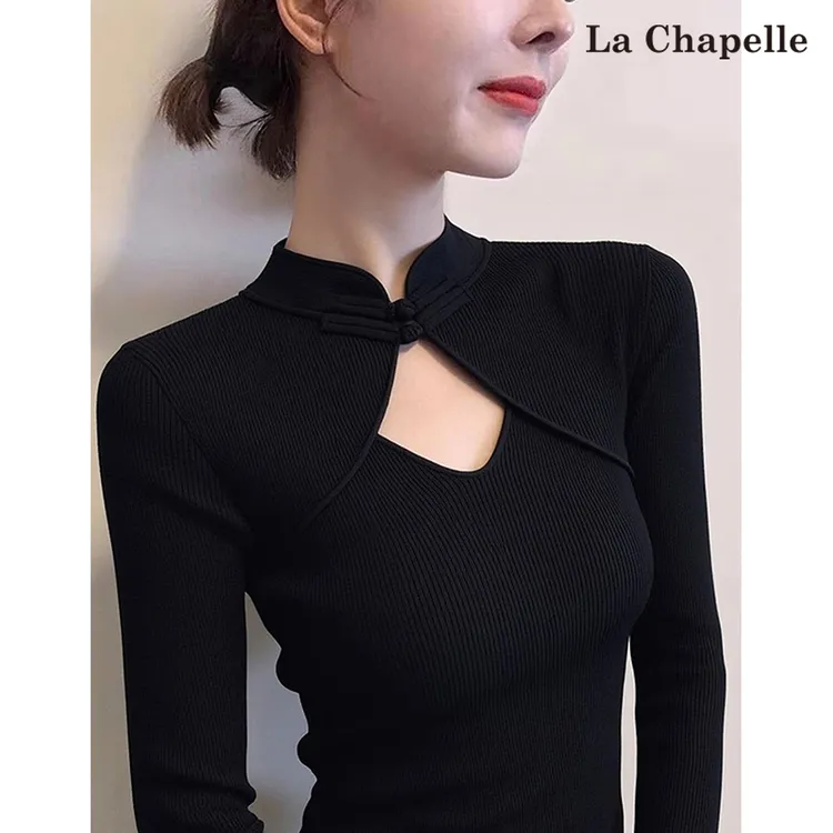 拉夏贝尔新中式黑色针织衫女2025秋冬高级气质独特简约打底上衣