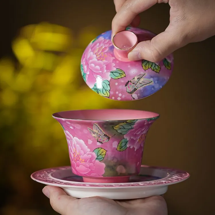 珐琅三才盖碗悬停泡茶陶瓷高档功夫茶具家用单个茶杯办公大号茶碗