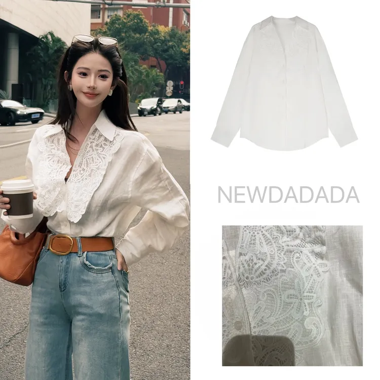 利达NEWDADAD衬衫女亚麻蕾丝宽松衬衣开衫外套防晒上衣薄款SDK771