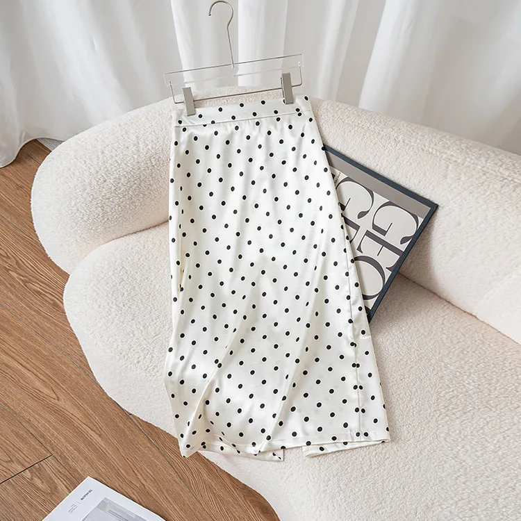 H型白色拼接纯色圆点高腰半身裙洋气显瘦贝果复古风网红夏季波点