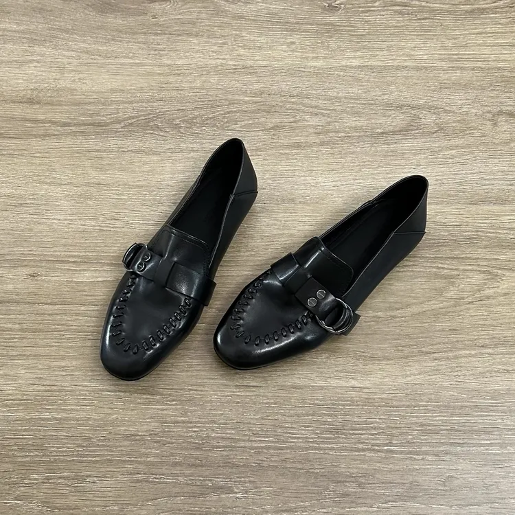Dannyfrey头层牛皮复古方头编织金属扣舒适百搭通勤浅口乐福鞋1CM