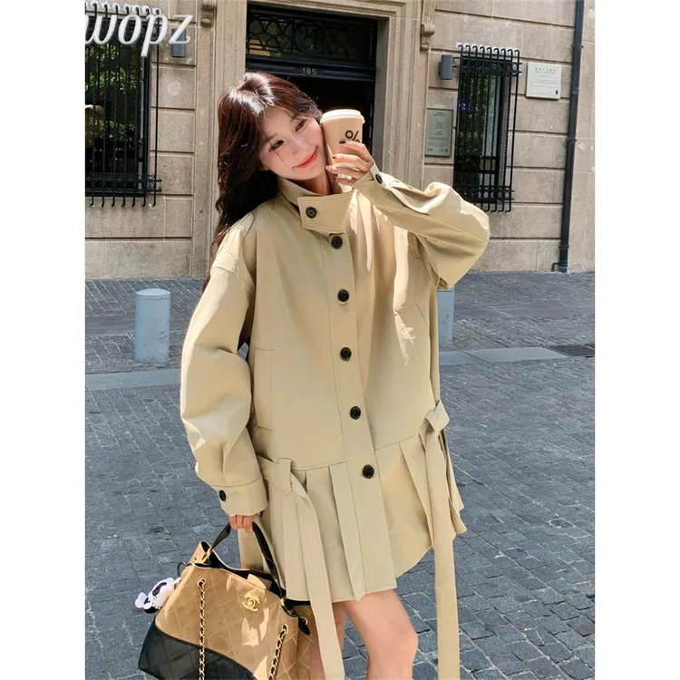 卡其色风衣外套女秋季2025新款独特漂亮韩系高级感休闲百褶连衣裙