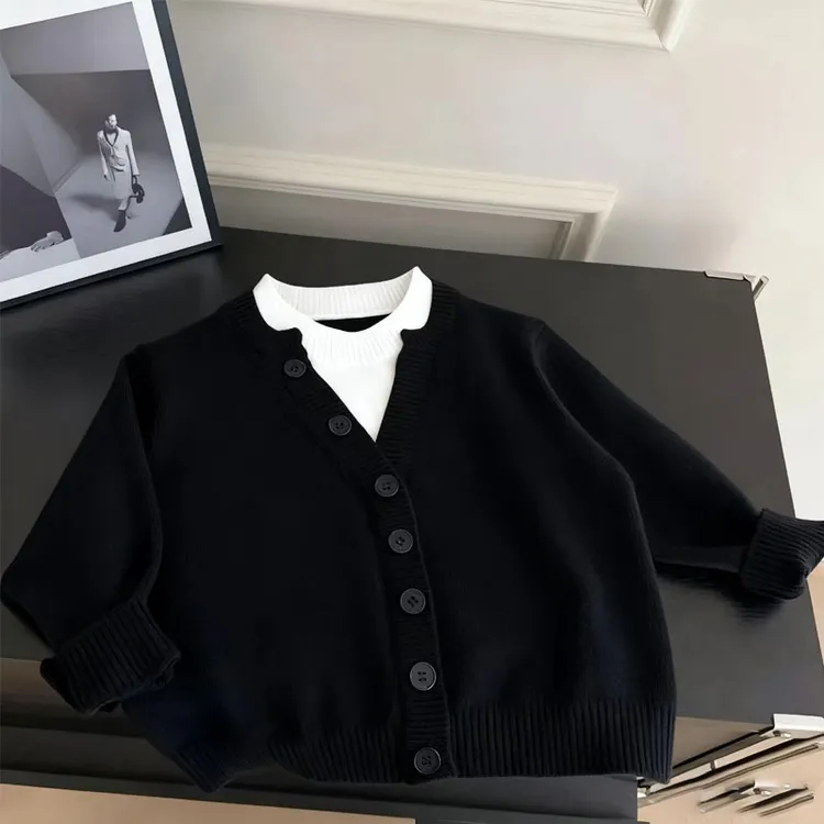 高级感男童针织衫上衣秋季假两件长袖撞色韩版洋气外穿儿童毛衣潮