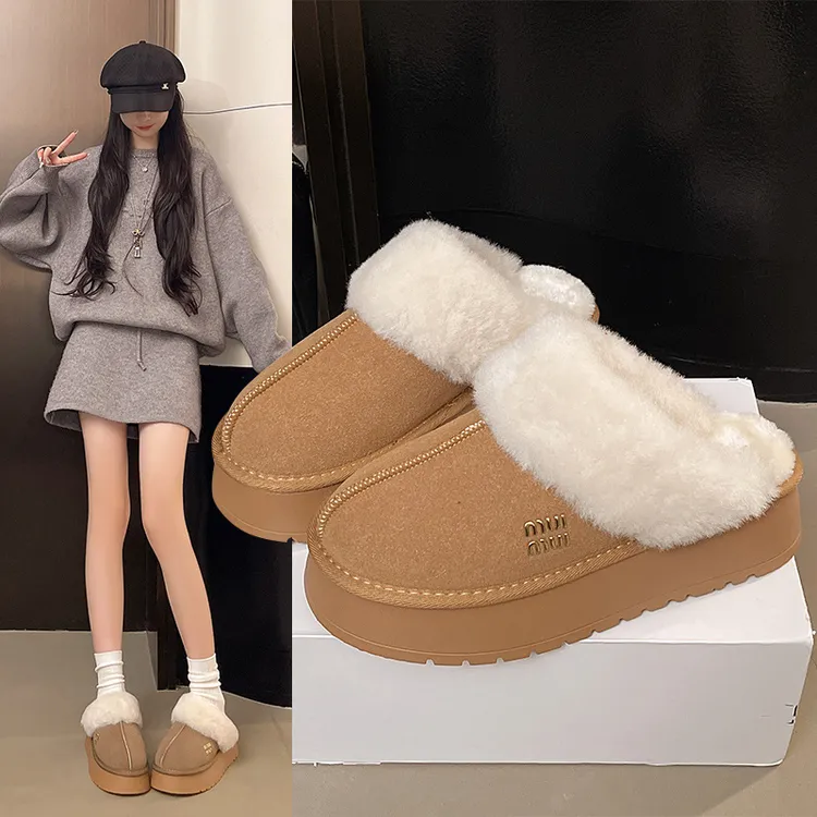 包头外穿松糕底毛毛拖鞋2025新款加厚加绒大码厚底一脚蹬雪地靴女