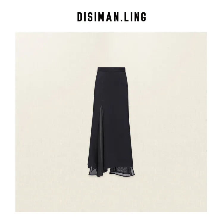 【迪丝嫚苓】100%棉黑色针织半裙气质时尚长款包臀大摆原创设计师