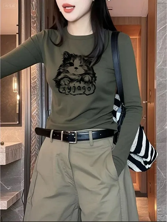 辣妹军绿色减龄上衣早春秋爆款微胖正肩t恤长袖打底显瘦女款圆领