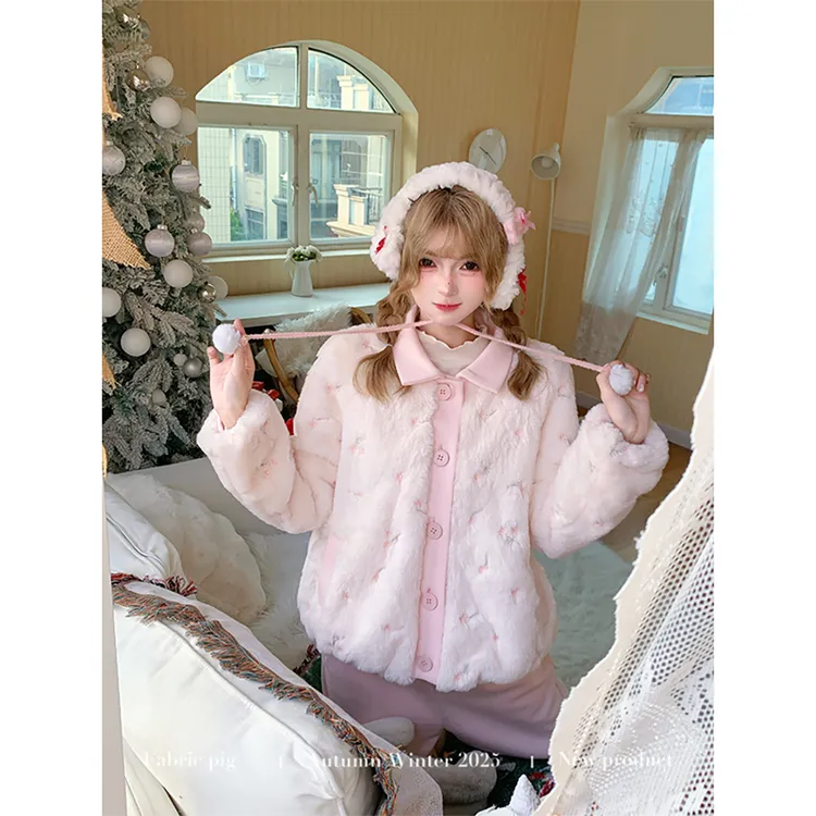 绒绒桃汁 织物猪原创 甜美风秋冬女保暖时尚毛绒外套针织长裤短裙