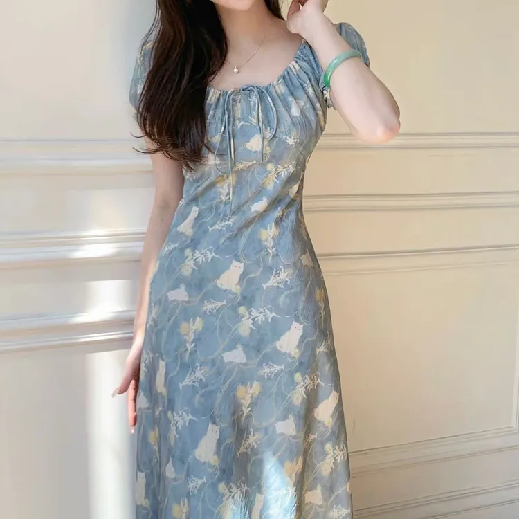 2025夏款法式温柔小猫印花收腰气质短袖长款连衣裙ZWY025