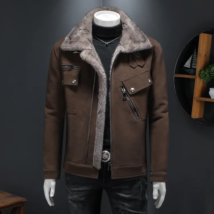 2025年轻奢重工皮毛一体外套男大码宽松工装潮流夹克男秋冬季新款