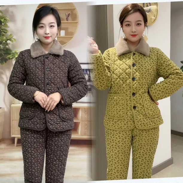 冬季加绒加厚毛毛翻领纽扣保暖棉衣套装妈妈装时尚休闲