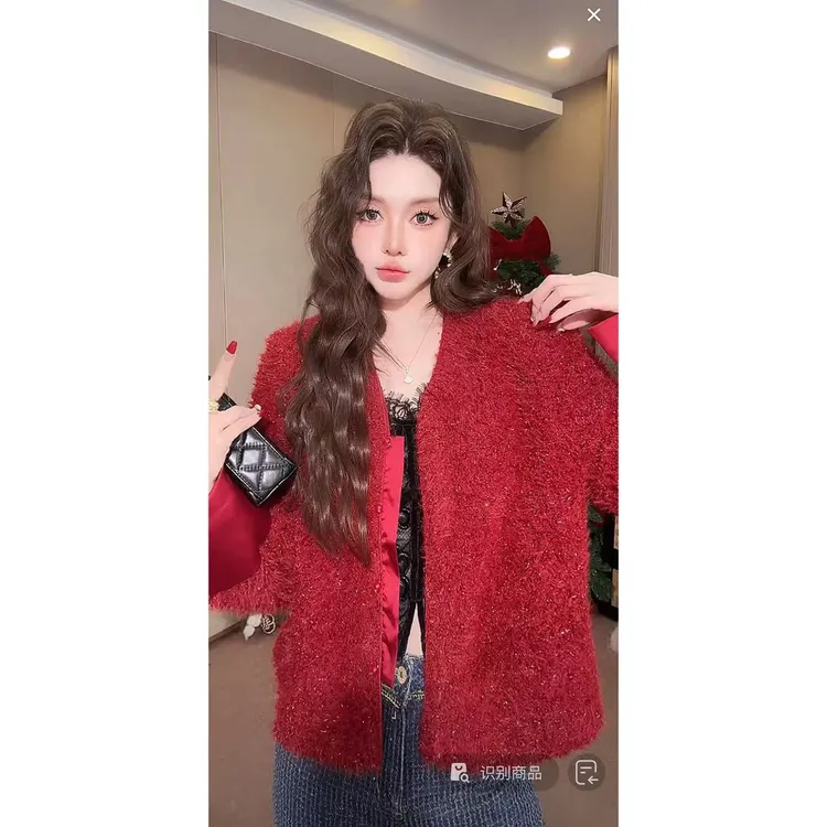 DACPAN-“红包拿来”拼接袖口V领亮丝小香外套   2025/盼·PP 20962