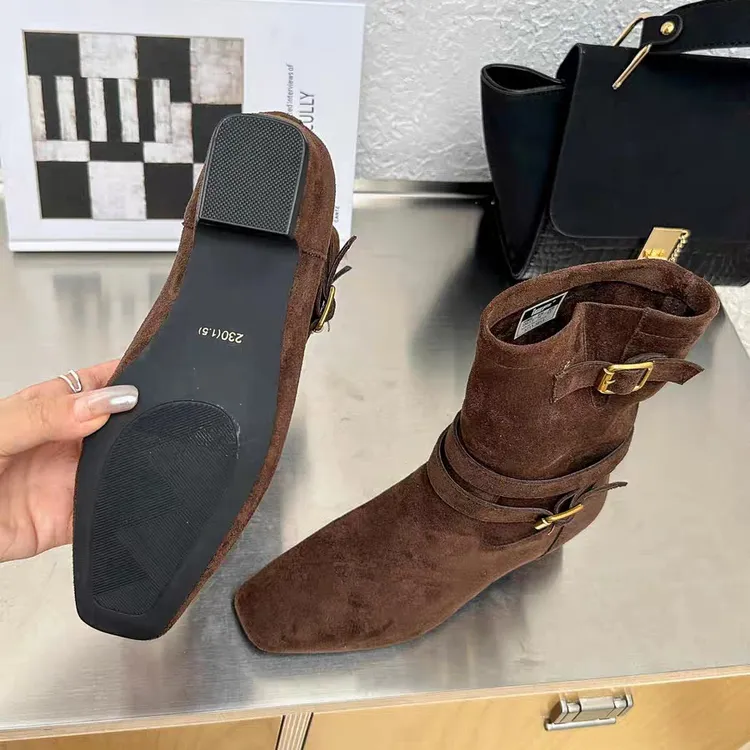 苏北北品牌方头单里皮带扣短靴女秋冬绒面显脚小时尚气质靴