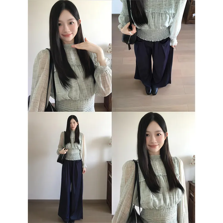 清冷贵气感女早秋新款法式气质温柔喇叭袖长袖衬衫宽松休闲阔腿裤
