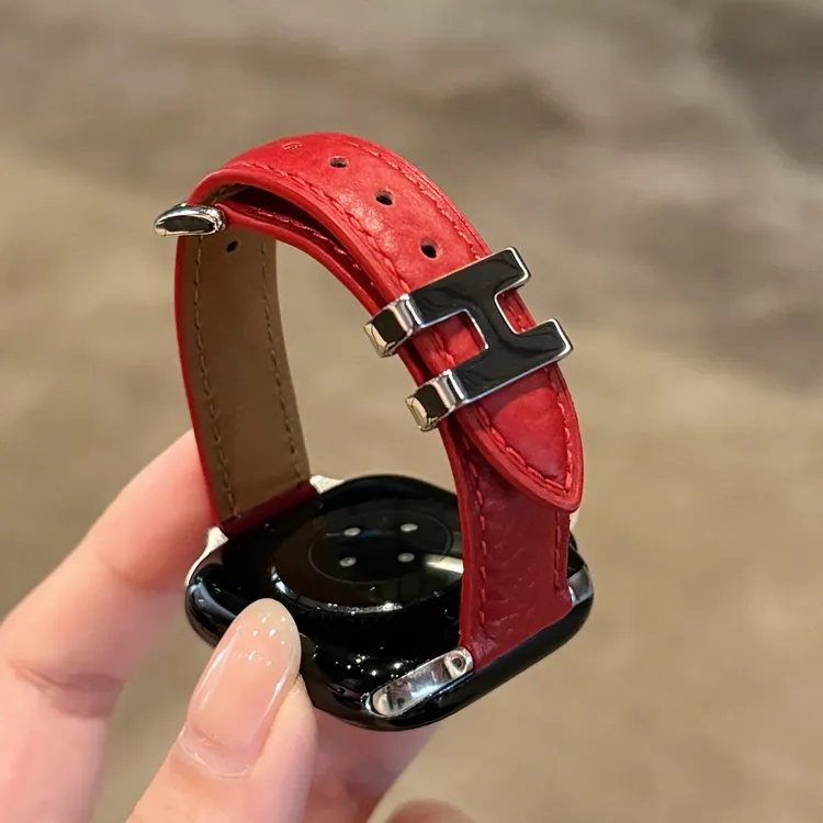 适用苹果手表S11表带金属H穿扣真皮荔枝纹细款手表表带iwatch10s9