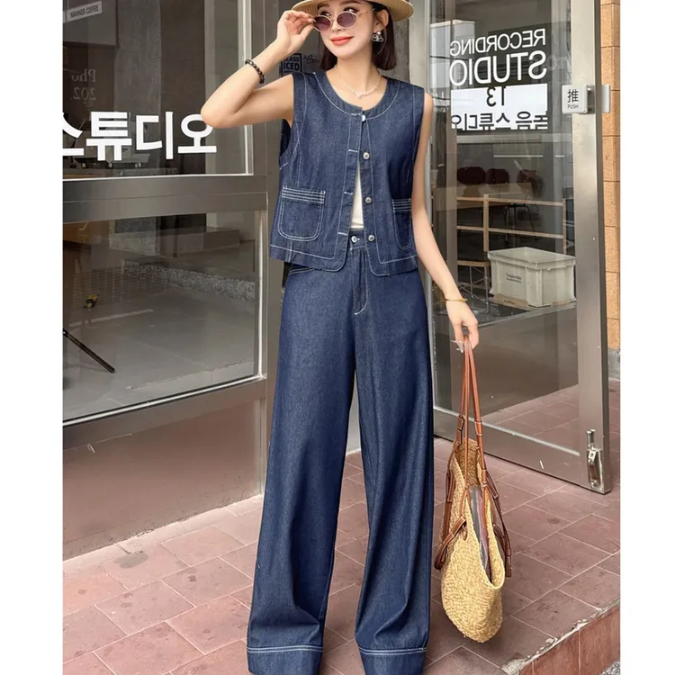 休闲牛仔套装女2025夏季新款时尚无袖马甲背心小个子阔腿裤两件套