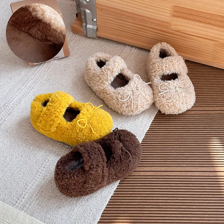 【奥莱专柜】韩版女童蝴蝶结公主毛毛鞋冬季女宝软底保暖豆豆棉鞋