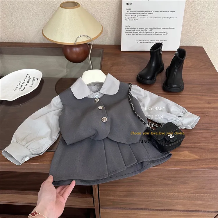 韩版童装春秋季新款女童洋气高级学院风马甲套装儿童时尚三件套潮