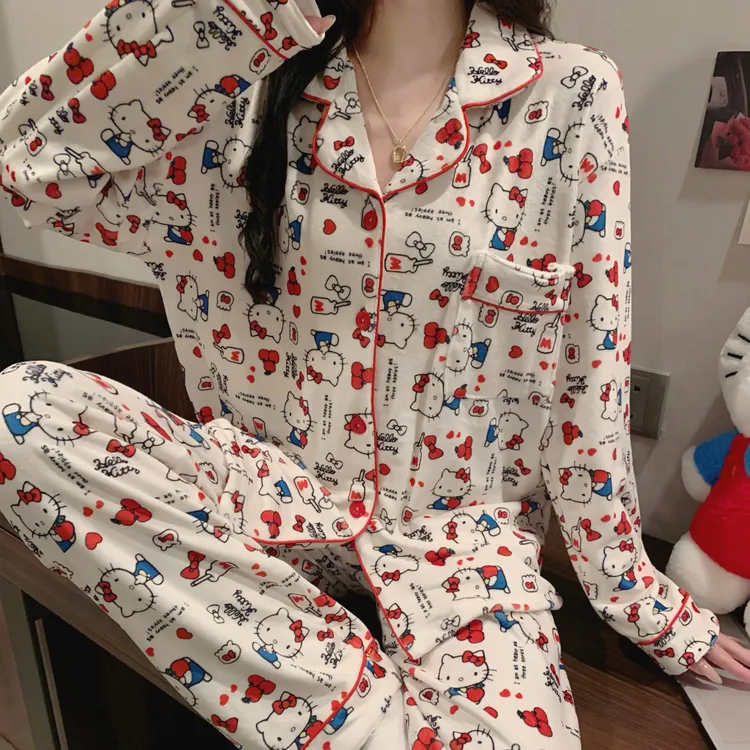 Hellokitty凯蒂猫海岛绒秋冬睡衣女可爱甜美卡通保暖家居服套装