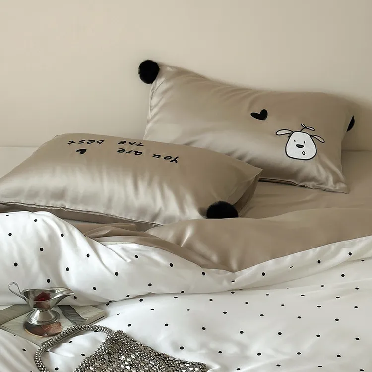 兰精天丝四件套ins少女风薄荷曼薄波点被套毛球凉感裸睡床单春夏