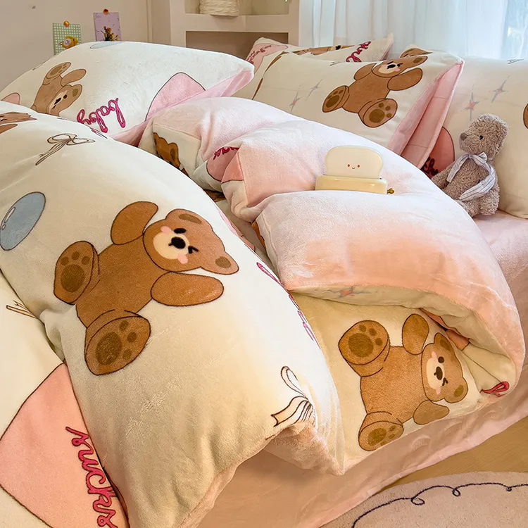 A类印花牛奶绒四件套双面绒被套单件学生宿舍冬季加厚防寒三件套