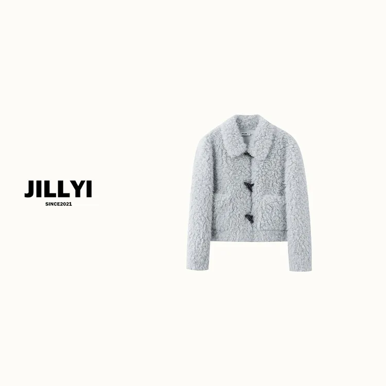 jillyi【奶蓝甜心】奶蓝色半开领单排扣简约时尚毛呢外套秋冬季百搭
