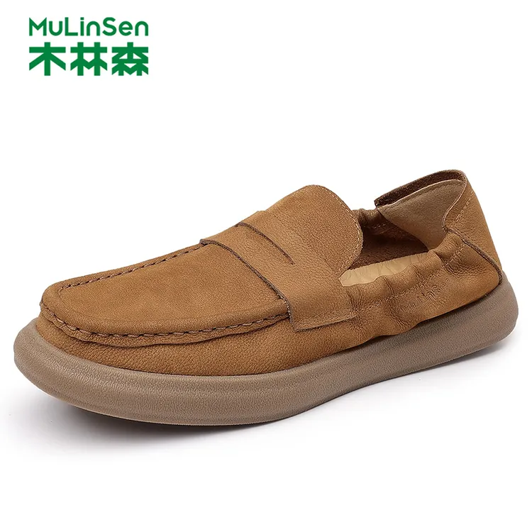 木林森男鞋头层牛皮豆豆鞋复古一脚蹬休闲皮鞋软底耐磨乐福鞋378
