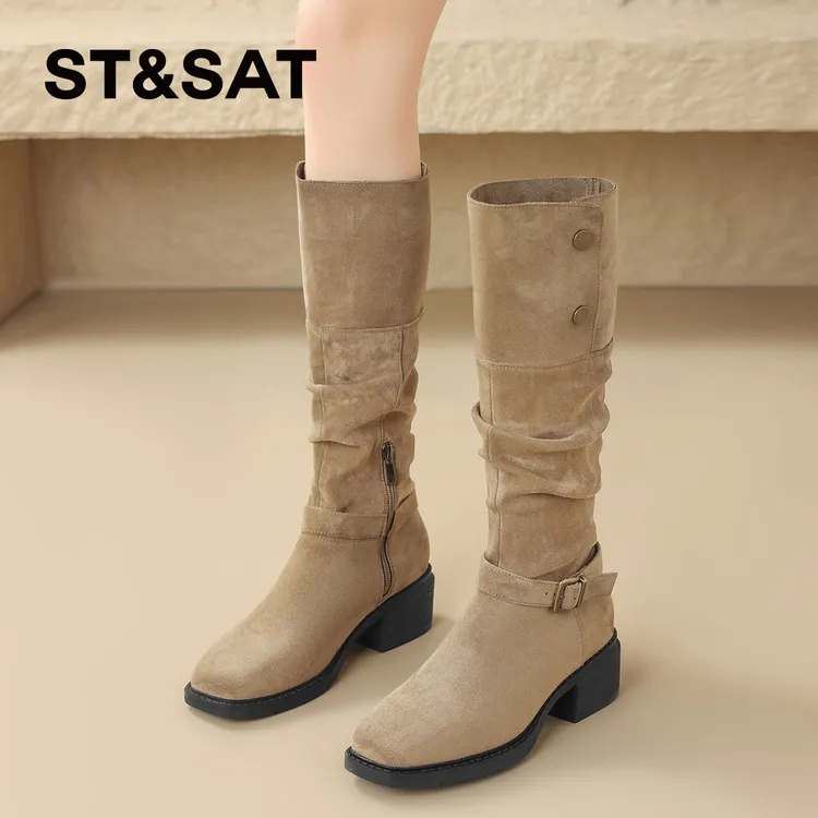 星期六杏色粗跟2025秋冬新款爆款女靴长靴呢子大衣专用鞋子骑士靴