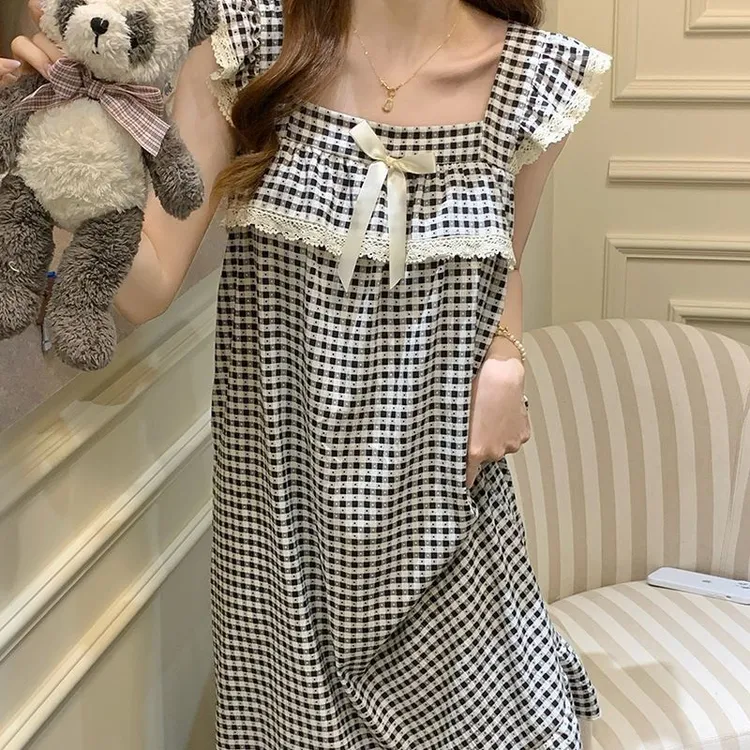 夏季吊带胸垫睡裙睡衣经典黑格 红格子新款中长款甜美少女家居服
