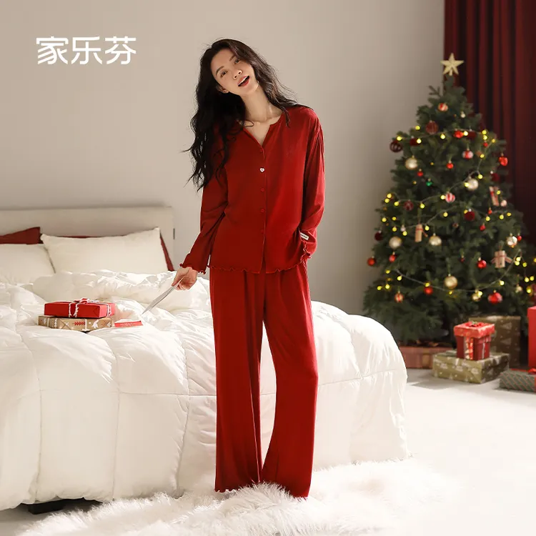 家乐芬大红色睡衣女士春秋季莫代尔家居服大码本命年开衫套装马年