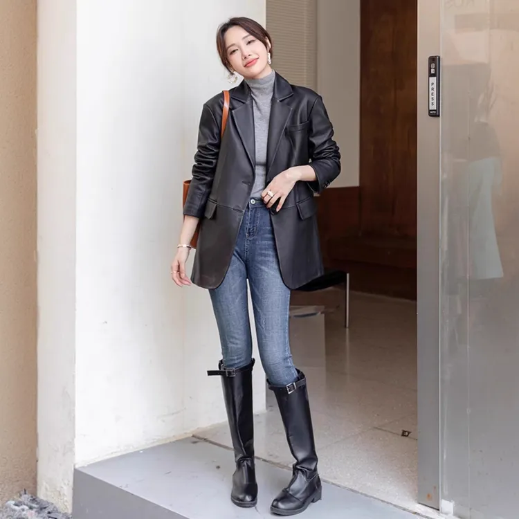 真皮皮衣女2025秋冬新款港风进口绵羊皮中长款西装宽松皮衣外套女