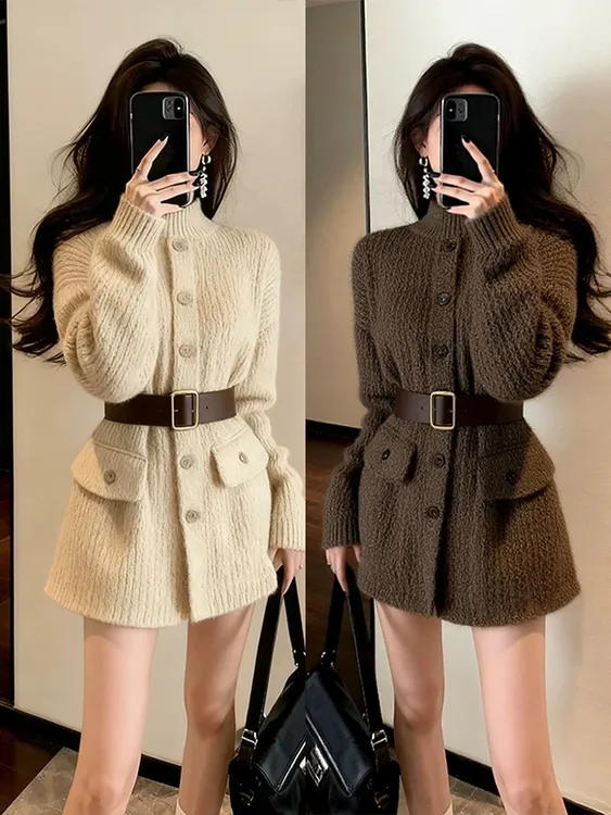 巨好看名媛高端小香风显瘦上衣女独特气质收腰咖色中长秋冬连衣裙