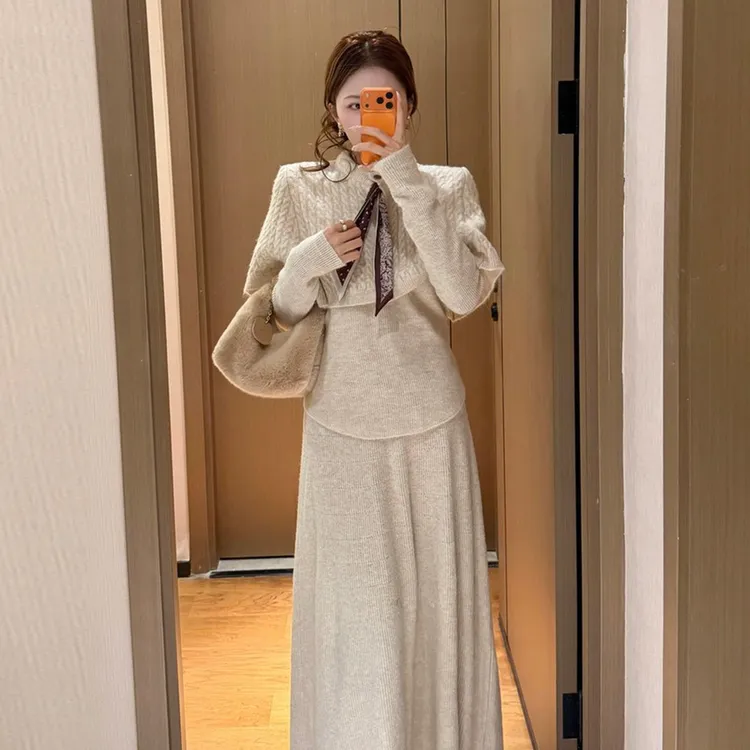 巨好看一整套女2025新款秋冬斗篷毛衣针织裙子套装美拉德穿搭长裙