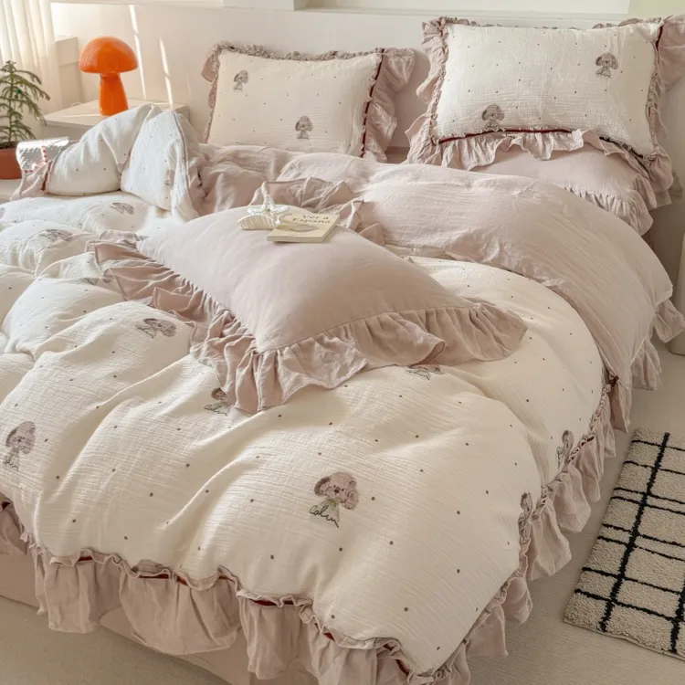 公主风小狗纯棉皱皱纱四件套全棉双层纱被套卡通儿童少女床上用品