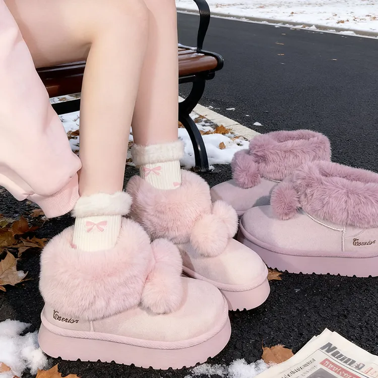 回力粉色少女心雪地靴女可爱毛球加绒面包鞋冬季爆款保暖大棉鞋女