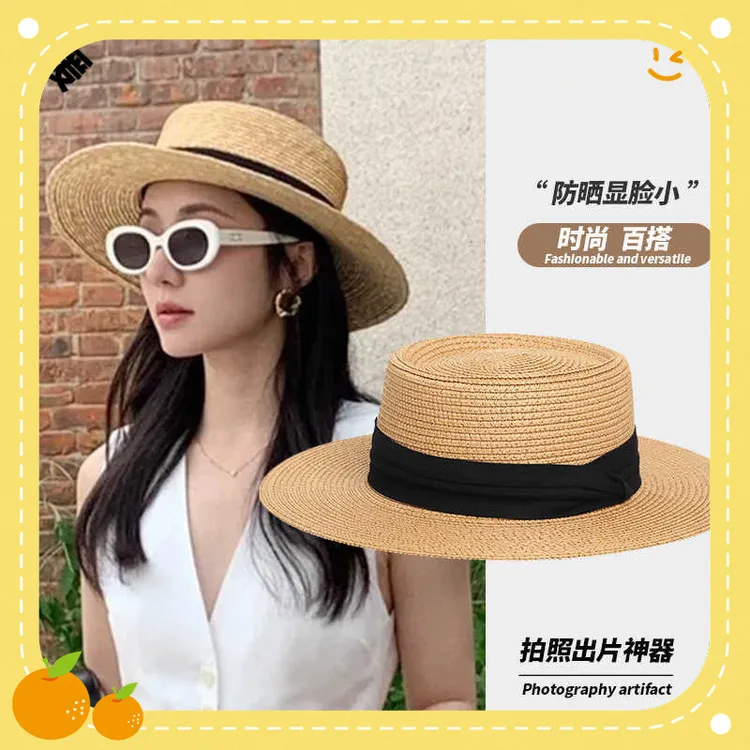 包邮ins法式绸带平顶草帽子女款夏季遮阳大头围显脸小百搭太阳帽