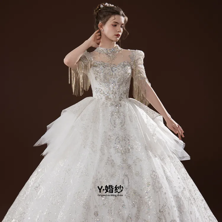 原创短袖重手工珠绣女绑带刺绣婚纱