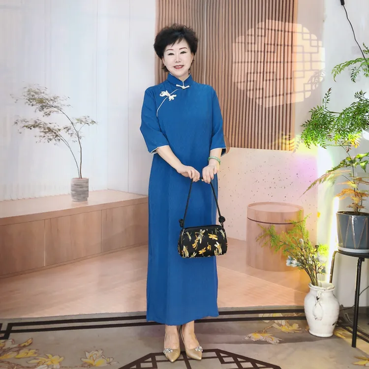【蓝莹】夏秋款美兰大码旗袍丁达尔中国风旗袍气质高档长款日常