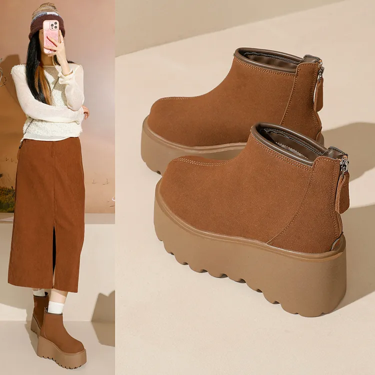 33-39码厚底增高小个子秋冬季加绒女时装靴保暖时尚百搭短筒棉靴