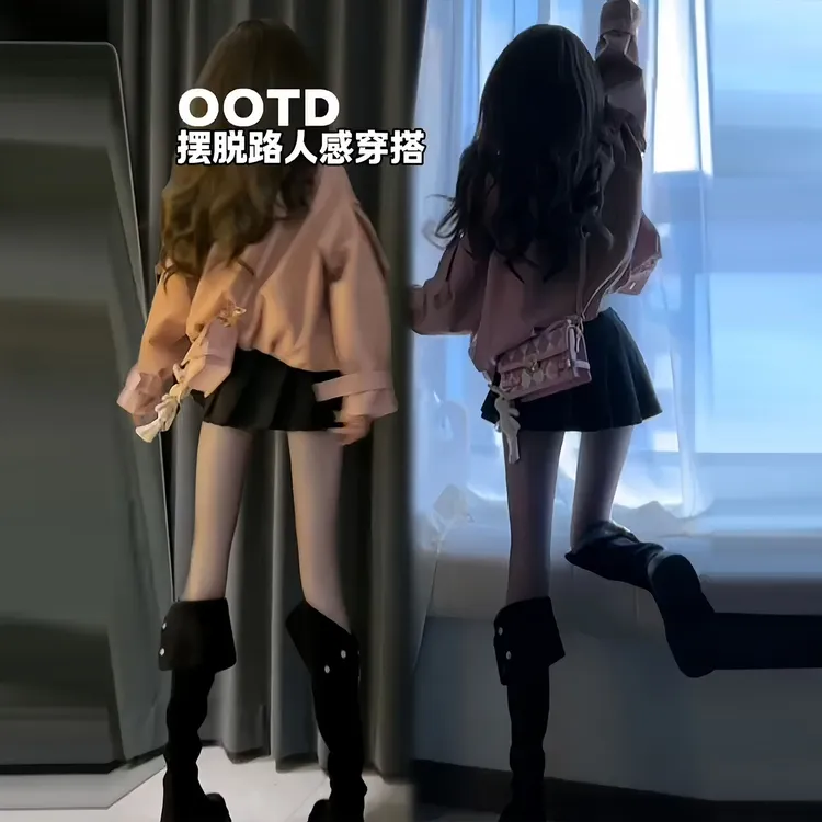 韩系粉色甜酷减龄短款夹克外套女秋季蕾丝蝴蝶结上衣搭百褶裙套装