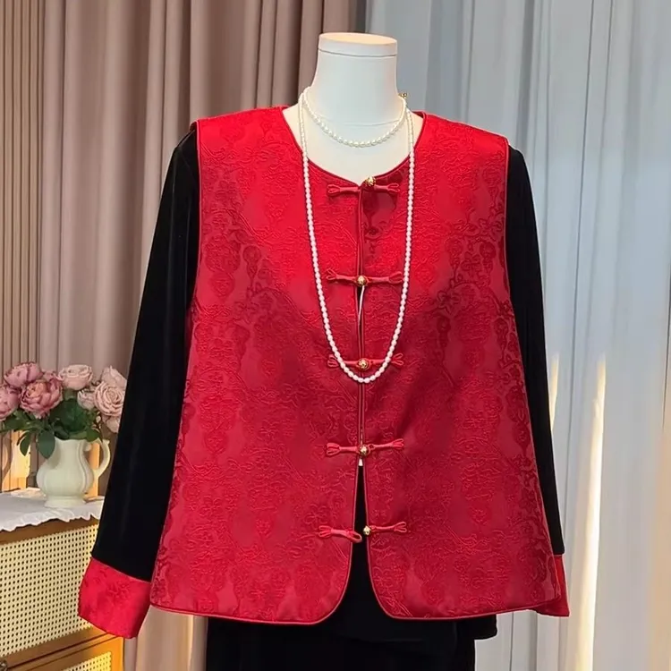 新中式国风红色盘扣提花马甲女国风高级感气质坎肩年货新服马夹
