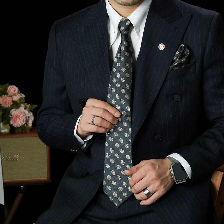 复古仿真丝拉链领带男免打结西装商务风正装灰色腰果新郎结婚礼盒