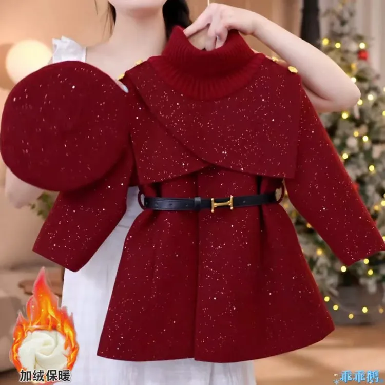 【赠帽子】女童大衣冬装2016新款新年红呢子外套加绒加厚小女孩大衣