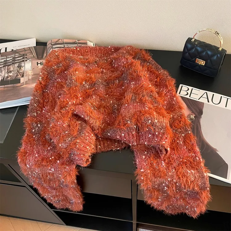 欧货慵懒风设计感时尚长袖短款毛衣女2025春秋洋气别致小众上衣潮