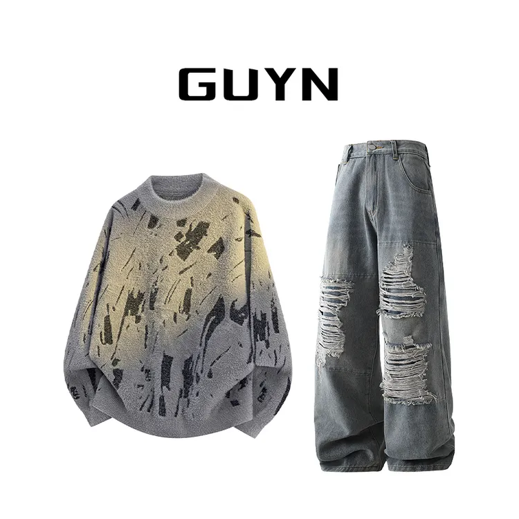 GUYN复古做旧毛衣男款春秋季针织衫美式破洞牛仔裤子休闲高街痞帅