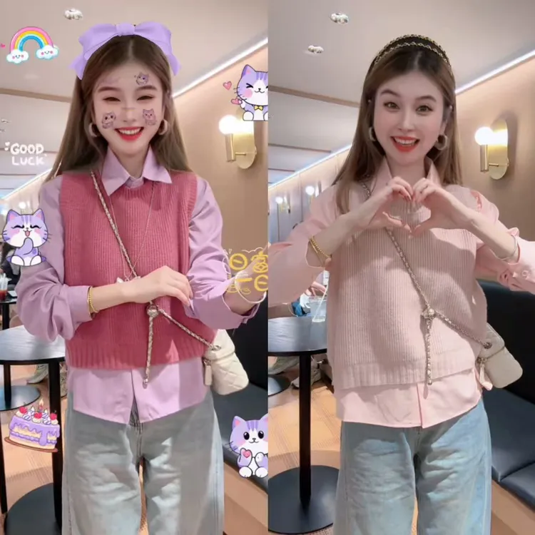 （许小姐专属）一整套盐系轻熟温柔风针织马甲长袖百搭衬衣两件套女