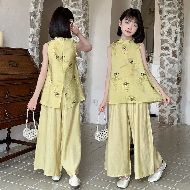 母女款女童中大童扇子复古套装中国风夏季印花新中式夏日文艺儿童