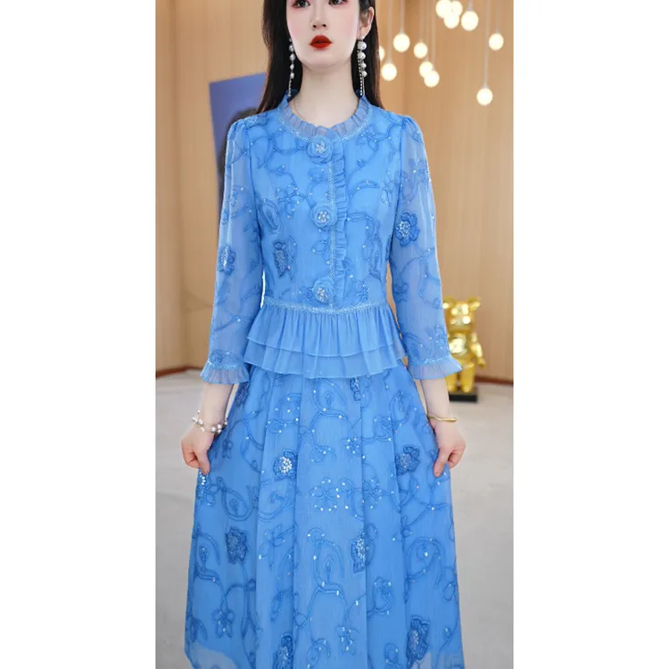 【上下套装】春季设计感圆领纯色休闲减龄长袖气质两件套套裙M-4XL