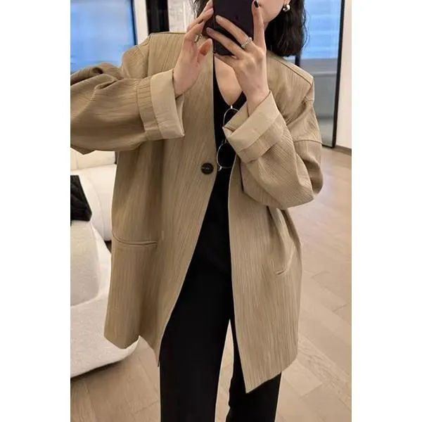 胖特大码300斤港风复古奶茶色西装外套女秋宽松高级感西服上衣2